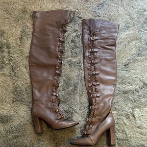 GREY SILVER JIMMY CHOO OVER the Knee Leather Boots